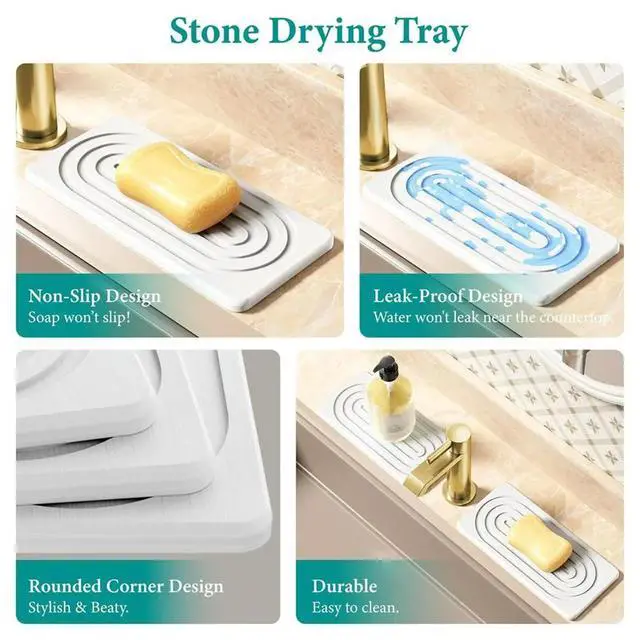 Alt view image 2 of 6 - Water Absorbing Stone Tray for Sink, Quick Drying Diatomite Bathroom Tray Countertop, Drying Mat for Kitchen Counter