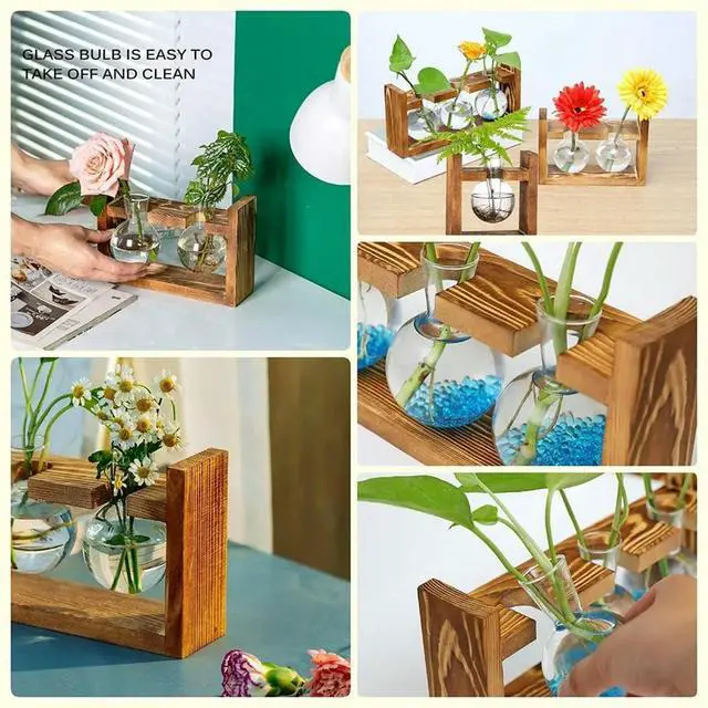Alt view image 3 of 6 - Glass Plant Terrarium 3 Bulbs Propagation Station with Wood Stand Indoor Garden Planter, Hydroponic Vase & Desktop Decor