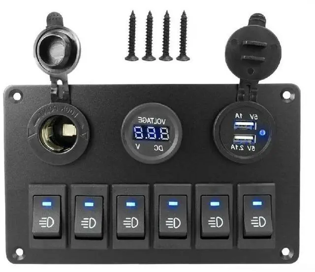 Main image of Waterproof 6 Gang LED Digital Voltmeter Rocker Switch Panel Car Marine Circuit Breaker Dual USB Port On/OFF