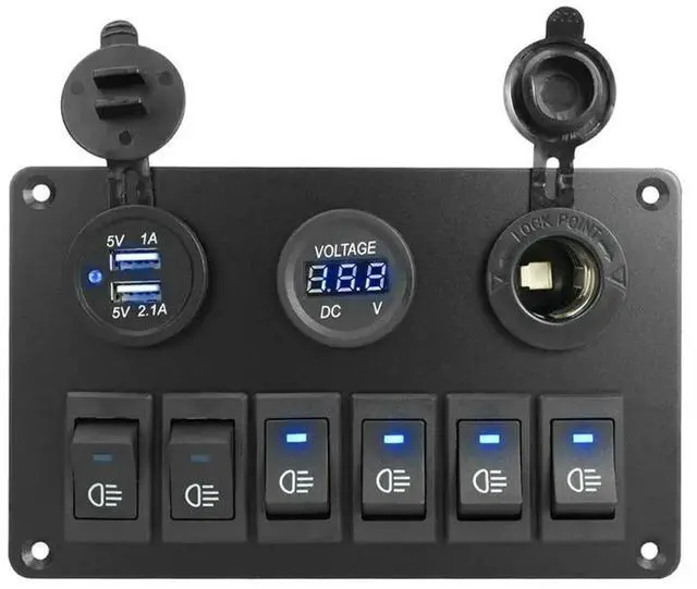 Alt view image 2 of 6 - Waterproof 6 Gang LED Digital Voltmeter Rocker Switch Panel Car Marine Circuit Breaker Dual USB Port On/OFF