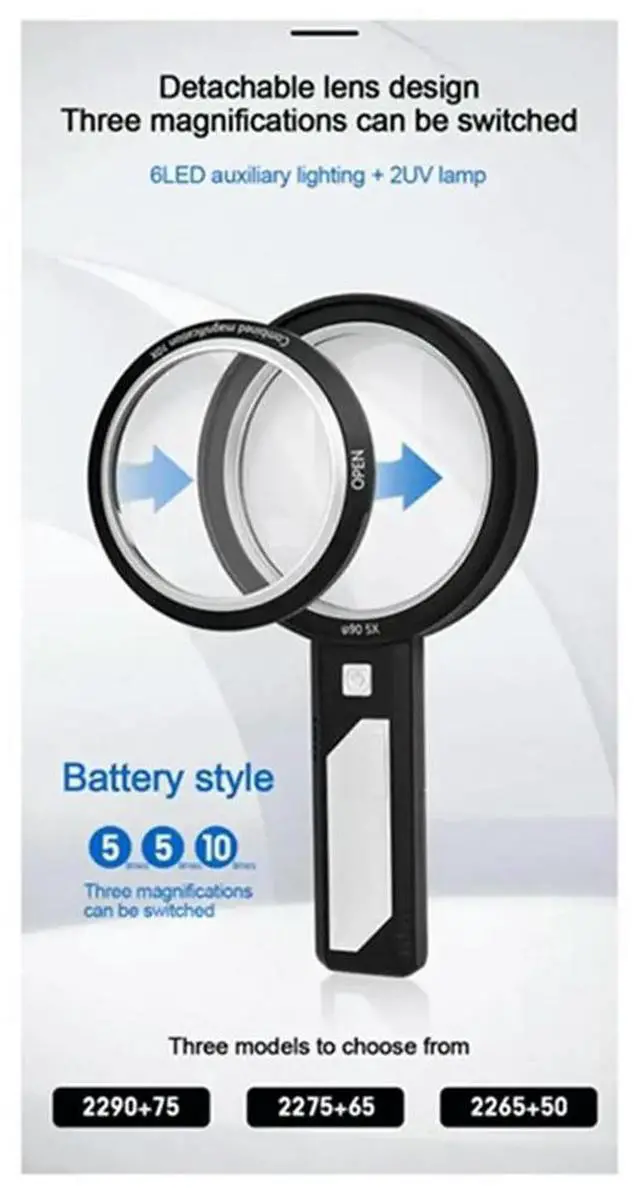 Main image of 6x Main Lens + 9x Auxiliary Lens Rechargeable Handheld Magnifier Antique Appraisal Collectibles Reading with LED Light
