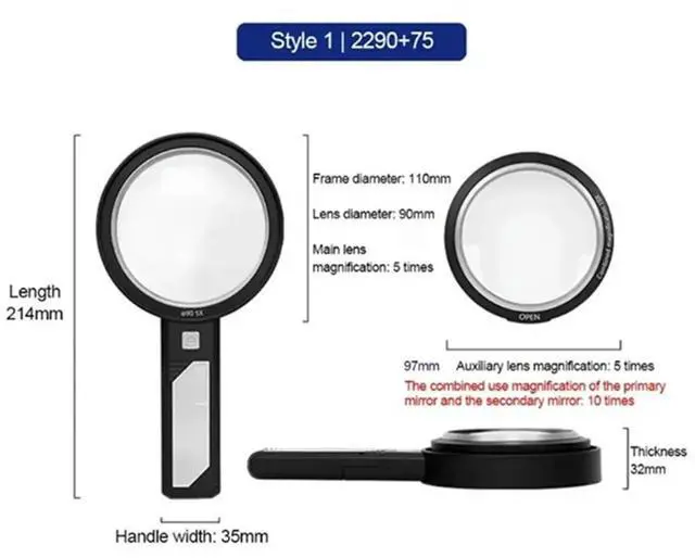 Alt view image 2 of 6 - 6x Main Lens + 9x Auxiliary Lens Rechargeable Handheld Magnifier Antique Appraisal Collectibles Reading with LED Light