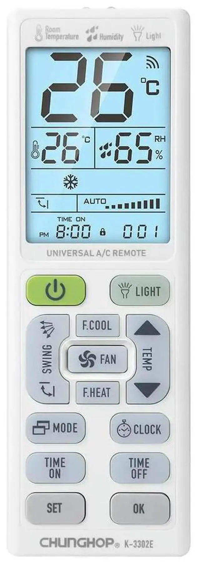 Main image of CHUNGHOP K-3302E Universal Air Conditioner Remote Control with Torch and LCD Backlight