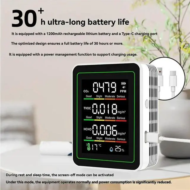 Alt view image 3 of 6 - Indoor Air Monitor,CO2 Monitor/Temperature/Formaldehyde Detector/Humidity TVOC for Rooms,Grow Tents White