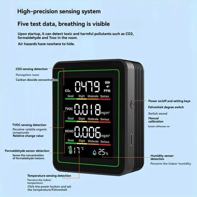 Alt view image 2 of 6 - Indoor Air Monitor,CO2 Monitor/Temperature/Formaldehyde Detector/Humidity TVOC for Rooms,Grow Tents White