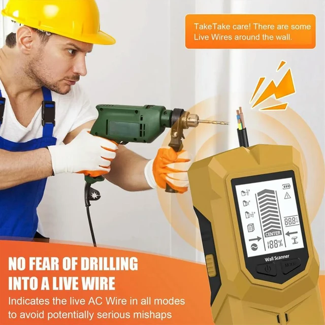 Alt view image 2 of 6 - 6-in-1 Wall l Detector Wall Stud Finder Wood Studs Voltage Live Wire Detect Wall Electric Box Finder Yellow