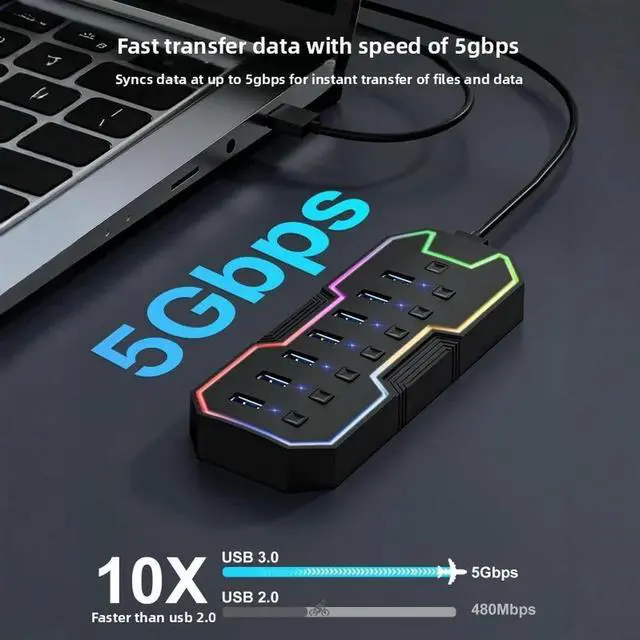 Alt view image 2 of 6 - 5Gbps USB 3.0 Hub High Speed USB 7-in-1 Splitter Individual Power Switches Gaming USB Hub 3.0 for Laptop PC Accessories
