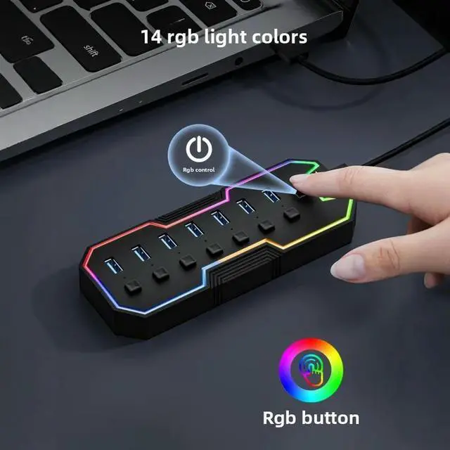 Alt view image 3 of 6 - 5Gbps USB 3.0 Hub High Speed USB 7-in-1 Splitter Individual Power Switches Gaming USB Hub 3.0 for Laptop PC Accessories