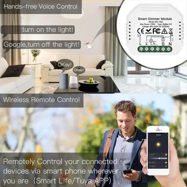 Alt view image 2 of 6 - Zigbee Switch Module 1-Way Dimming Curtain Switch App Remote Control for Alexa Google Home Voice Control