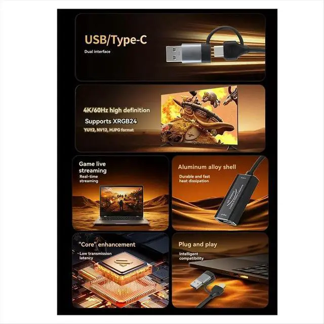 Alt view image 3 of 3 - USB 3.0 Video Capture Card 60Hz Recording 4K HD Source to USB/Type-C 2-in-1 Game Grabber Live Streaming Video Recorder