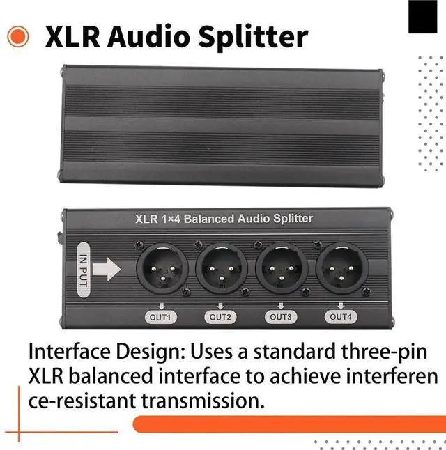 Main image of XLR 1x4 Balanced Audio Splitter 1 in 4 Out 3 Pin XLR Audio Splitter Audio Signal Splitter Box No Power Supply Required