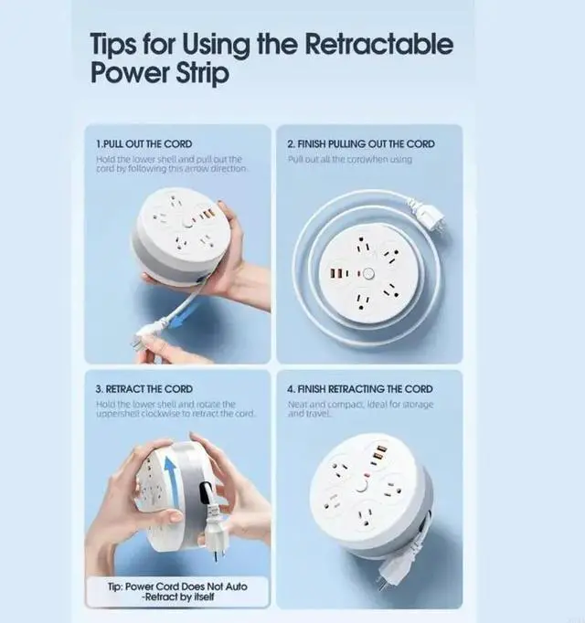 Alt view image 3 of 3 - Practical Round Power Socket With USB C & USB A Port And Retractable Cable Suitable For Various Setting