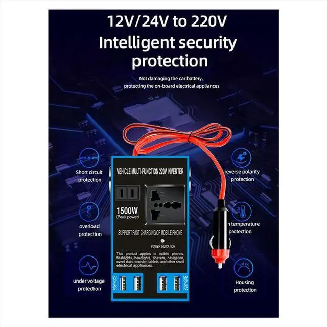 Alt view image 2 of 3 - DC 12V/24V to AC 110V/220V Quick Charging Car Inverter Cigar Lighter Socket USB Chargers AC Sockets Power Adapter