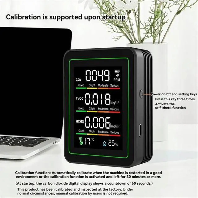 Alt view image 2 of 3 - Indoor Air Monitor,CO2 Monitor/Temperature/Formaldehyde Detector TVOC for Rooms,Grow Tents with Bracket Black
