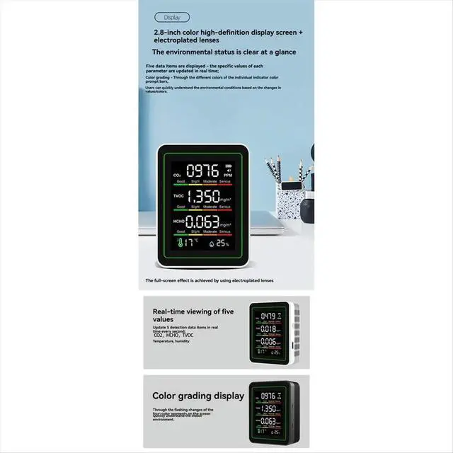Alt view image 3 of 3 - Indoor Air Monitor,CO2 Monitor/Temperature/Formaldehyde Detector TVOC for Rooms,Grow Tents with Bracket Black