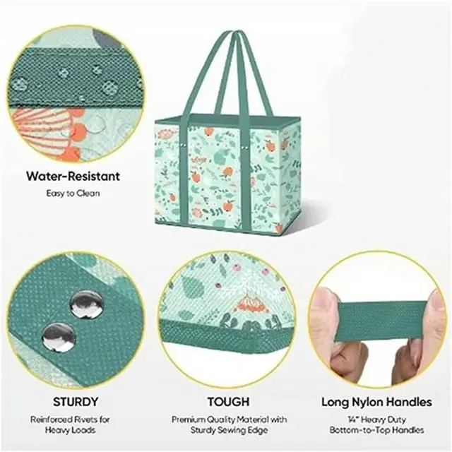 Alt view image 2 of 3 - Grocery Bags, Reusable Grocery Bags, Large Capacity Non-Woven Foldable Picnic Bag, Reinforced Bottom with Handles A