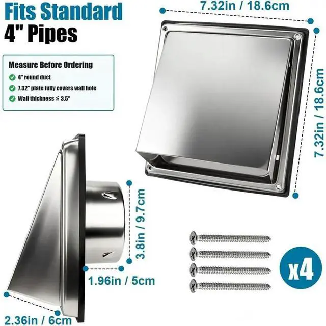 Alt view image 3 of 3 - Rain Shield 45°, Stainless Steel 4 Inch For Dryer Vent Cover Outside, Silver Exterior Wall, For Dryer Duct And RV
