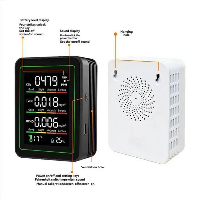 Alt view image 2 of 3 - Indoor Air Monitor,CO2 Monitor/Temperature/Formaldehyde Detector TVOC for Rooms,Grow Tents with Bracket White