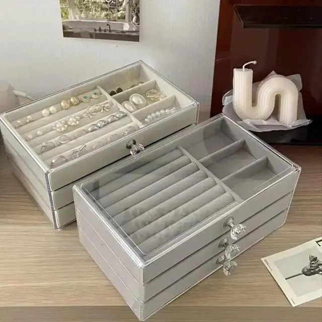 Alt view image 3 of 3 - Capacity High-Grade Exquisite Oxidation Three Drawer Desktop Jewelry Bracelet Ring Jewelry Large Box Offwhite