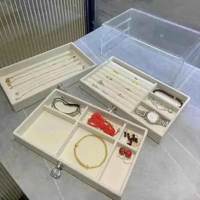 Alt view image 2 of 3 - Capacity High-Grade Exquisite Oxidation Three Drawer Desktop Jewelry Bracelet Ring Jewelry Large Box Offwhite