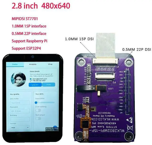 Main image of 2.8" MIPIDSI15P/22P 480x640 IPS LCD display touch screen for ESP32P4 Raspberry Pi