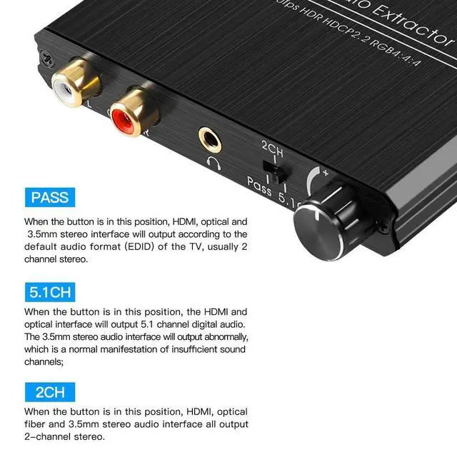 Alt view image 3 of 3 - 4K 60HZ HD 2.0 Audio Extractor Optical TOSLINK SPDIF 5.1CH R/L 4K HD to SPDIF+R/L+3.5MM 18Gpbs HDCP 2.2 with Volume Control