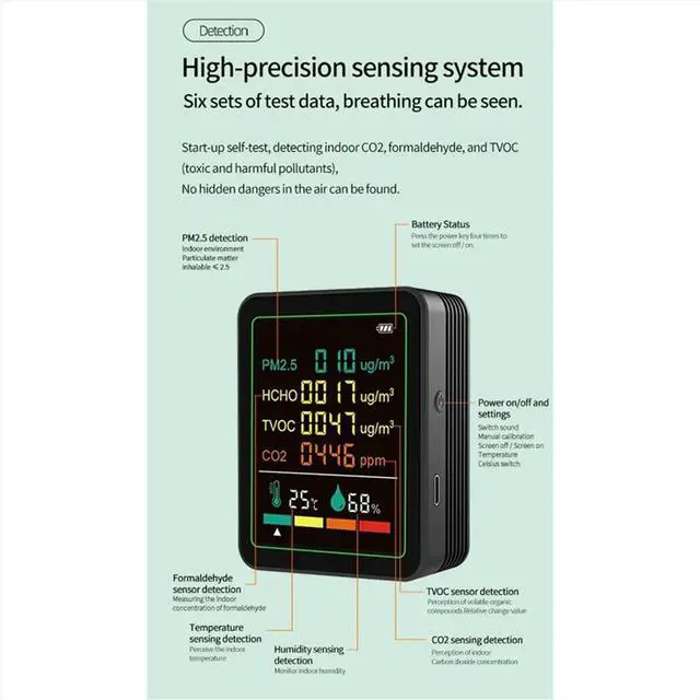 Main image of 6in1 Digital Air Monitor Detector Formaldehyde TVOC PM2.5 /CO2 Meter Temperature Humidity Tester White