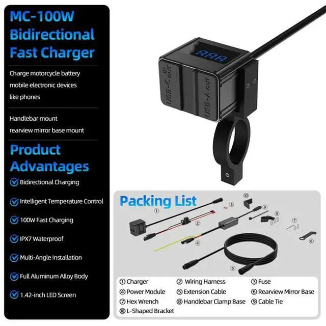 Alt view image 3 of 3 - 100W Motorcycle Socket Charger Type-C USB Fast Charging Ports With Voltmeter Display Bidirectional Moto Accessories
