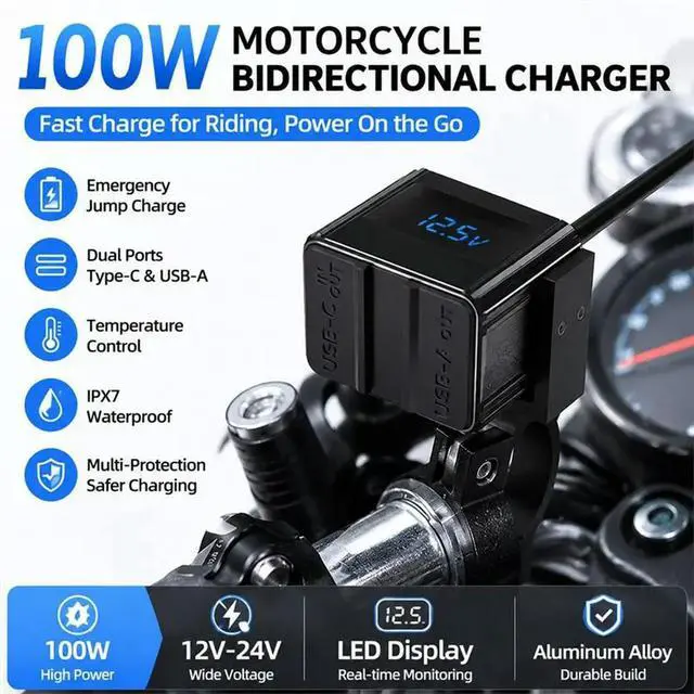 Alt view image 2 of 3 - 100W Motorcycle Socket Charger Type-C USB Fast Charging Ports With Voltmeter Display Bidirectional Moto Accessories
