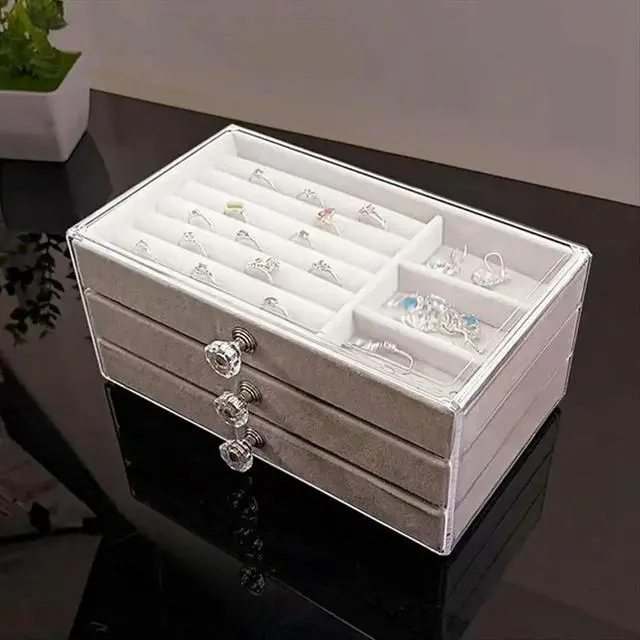 Alt view image 3 of 3 - Capacity High-Grade Exquisite Oxidation Three Drawer Desktop Jewelry Bracelet Ring Jewelry Large Box Gray