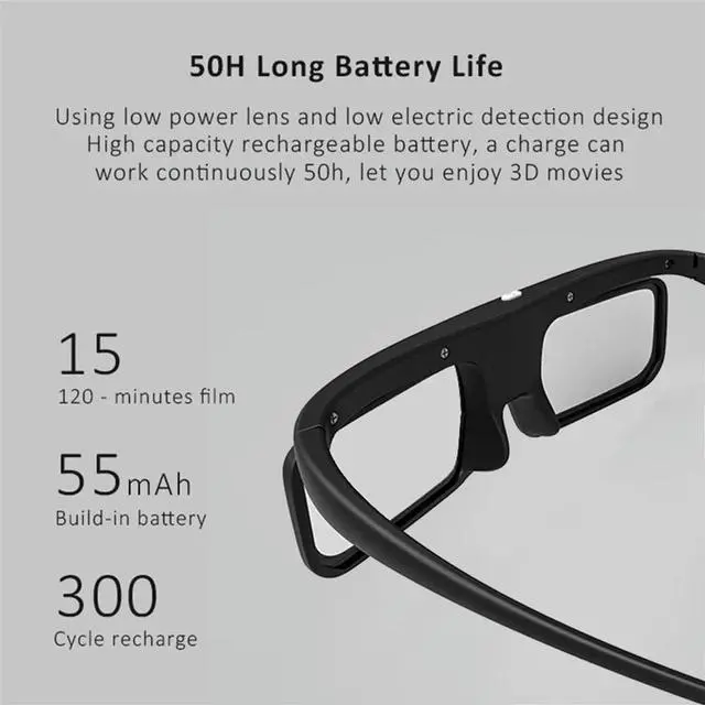Main image of DLP Link Active Shutter 3D Glasses USB Rechargeable 3D Eyeglasses for Home Cinema DLP Projector Not Suitable for All TV