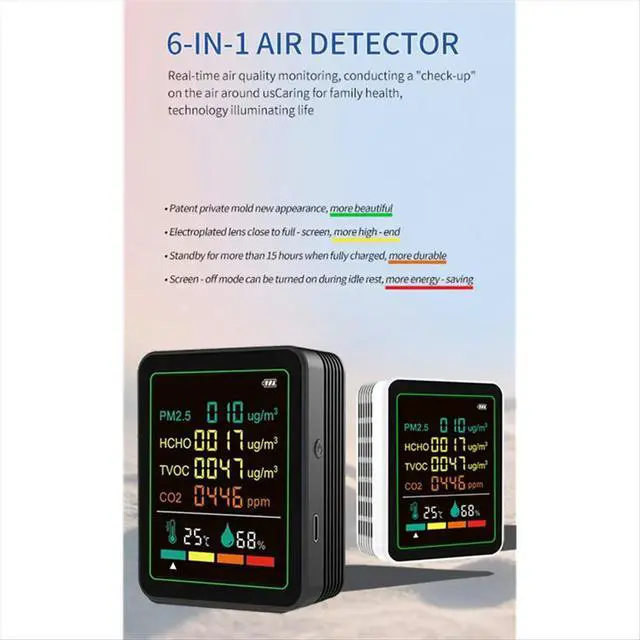 Alt view image 2 of 6 - 6in1 Digital Air Monitor Detector Formaldehyde TVOC PM2.5 /CO2 Meter Temperature Humidity Tester Black