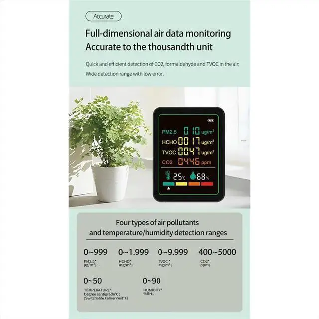 Main image of 6in1 Digital Air Monitor Detector Formaldehyde TVOC PM2.5 /CO2 Meter Temperature Humidity Tester Black