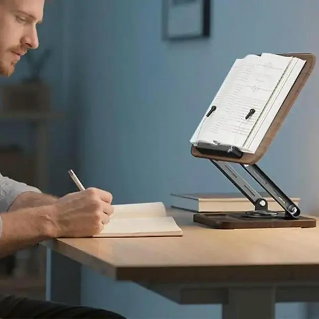 Alt view image 2 of 6 - 360 Degree Rotating Book Stand with Adjustable Ergonomic Design Expandable Holders for Heavy Books Black Walnuts Tray