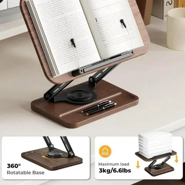 Alt view image 3 of 6 - 360 Degree Rotating Book Stand with Adjustable Ergonomic Design Expandable Holders for Heavy Books Black Walnuts Tray