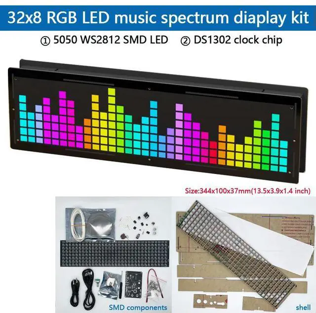 Main image of DIY 32x8 RGB LED music spectrum display electronic soldering kit WS2812 SMD LED DS1302 clock with shell