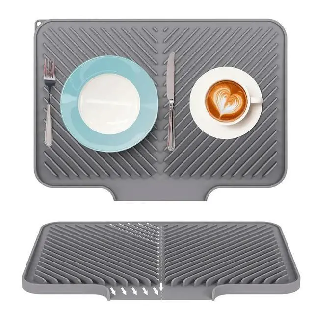 Alt view image 2 of 6 - Dish Drying Mat Kitchen Counter - Silicone Dish Drying Pad with Built-in Drain for Sink, Refrigerator and Drawer Liner