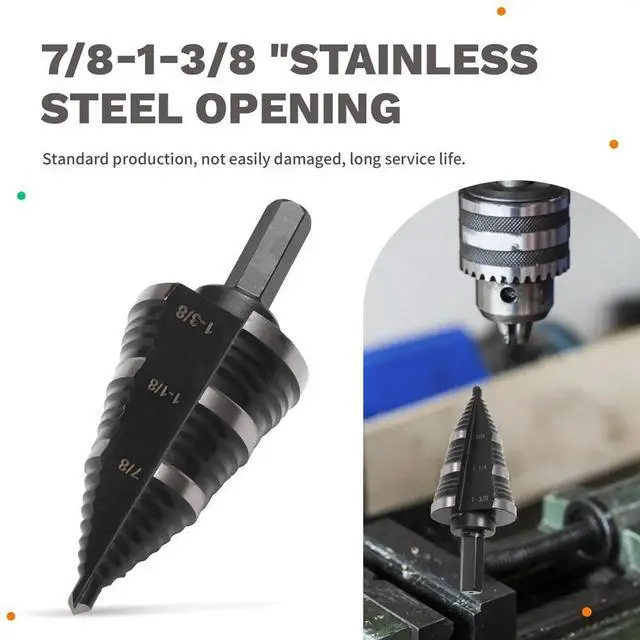 Main image of High-Speed Steel Inch Step Drill, 3/8" Hexagonal Shank Nitrided Pagoda Drill, 7/8-1-3/8" Stainless Steel Hole Opening
