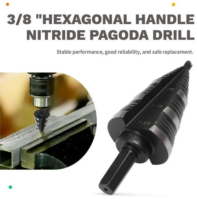 Alt view image 2 of 6 - High-Speed Steel Inch Step Drill, 3/8" Hexagonal Shank Nitrided Pagoda Drill, 7/8-1-3/8" Stainless Steel Hole Opening