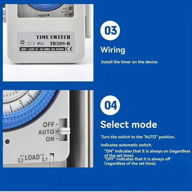 Alt view image 3 of 6 - TB388R Mechanical 24 Hours Timer Switch IP53 Programmable Electrical Timer Switch Box AC100-240V 15 Minutes Interval