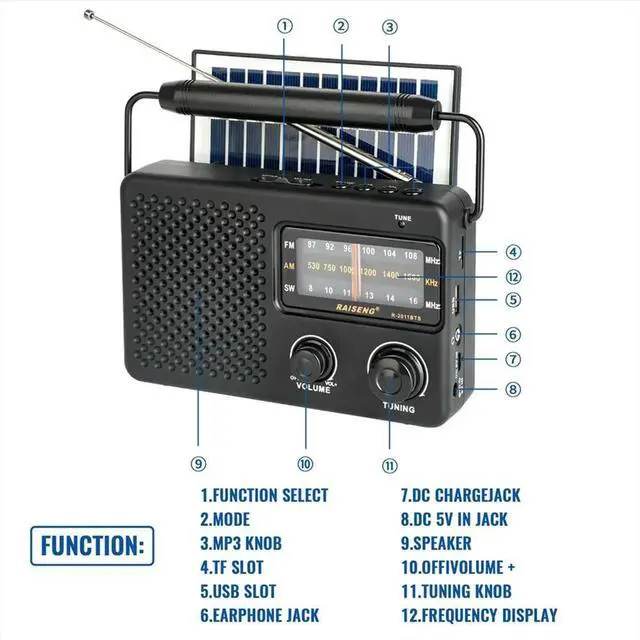 Main image of R-2011BTS Stereo Radio AM FM SW Radio with TF Card USB Playback, Solar Charging Emergency Radio for Outdoor