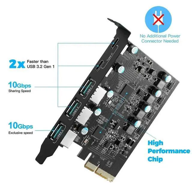 Alt view image 2 of 3 - -PCIe To USB 3.2 Gen 2 Card with 20Gbps Bandwidth 5-Port (3X USB-A -2X USB-C) Converter PCIE Splitter for 10/8
