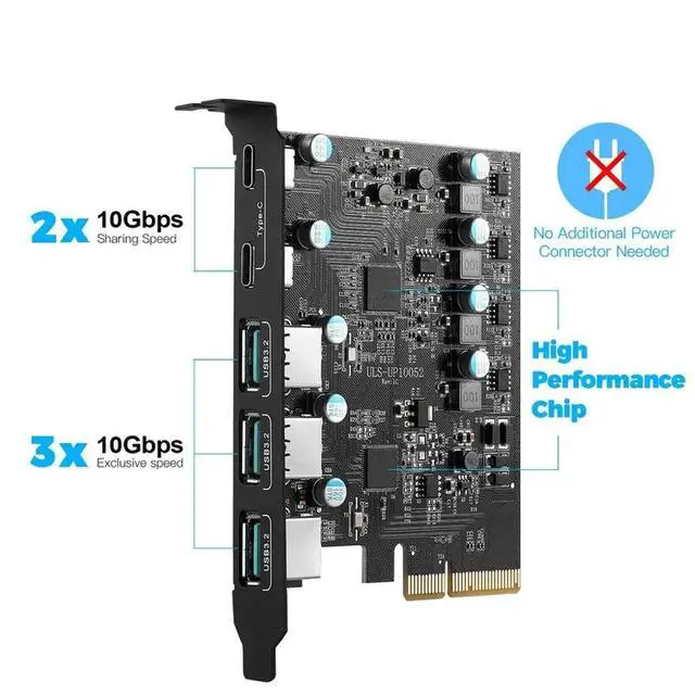 Alt view image 3 of 3 - -PCIe To USB 3.2 Gen 2 Card with 20Gbps Bandwidth 5-Port (3X USB-A -2X USB-C) Converter PCIE Splitter for 10/8