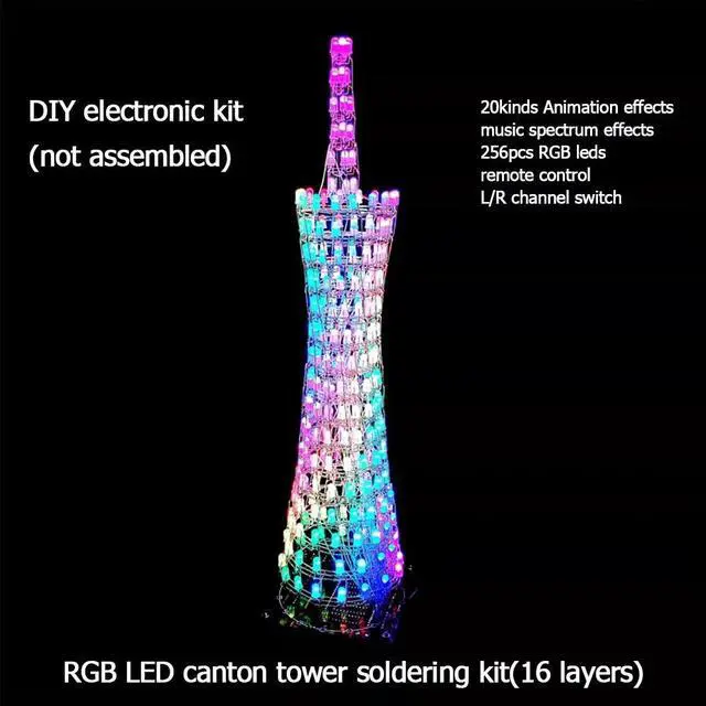 Alt view image 3 of 3 - DIY electronic soldering kit RGB LED canton tower 16layers 20kinds animation effects remote control(not assembled
