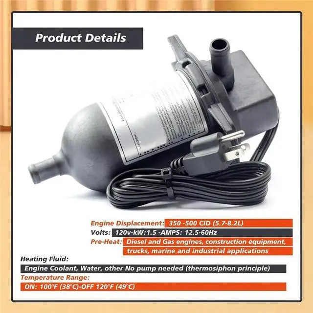 Alt view image 3 of 3 - TPS151GT10-000 TPS151GT8-000 Engine Block Heater W/Plug 1500W 120V For Generator Tractor Truck Boat Coolant Preheating