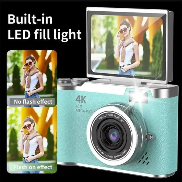Main image of 4K CCD 8X Digital Zoom Camera for Student 48MP Compact Digital Photography Camera 180 Flip Screen Selfile Camera Pink