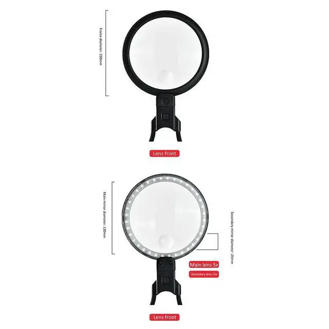 Alt view image 3 of 6 - Hands Free Magnifying Glass 36 LED Lights,5X 15X Rechargeable Neck Wear Magnifier for Seniors Reading Sewing Jewelry