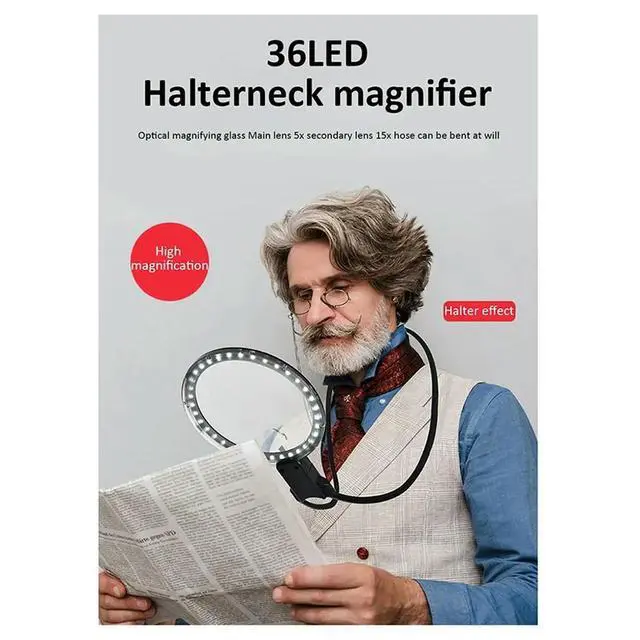 Alt view image 2 of 6 - Hands Free Magnifying Glass 36 LED Lights,5X 15X Rechargeable Neck Wear Magnifier for Seniors Reading Sewing Jewelry