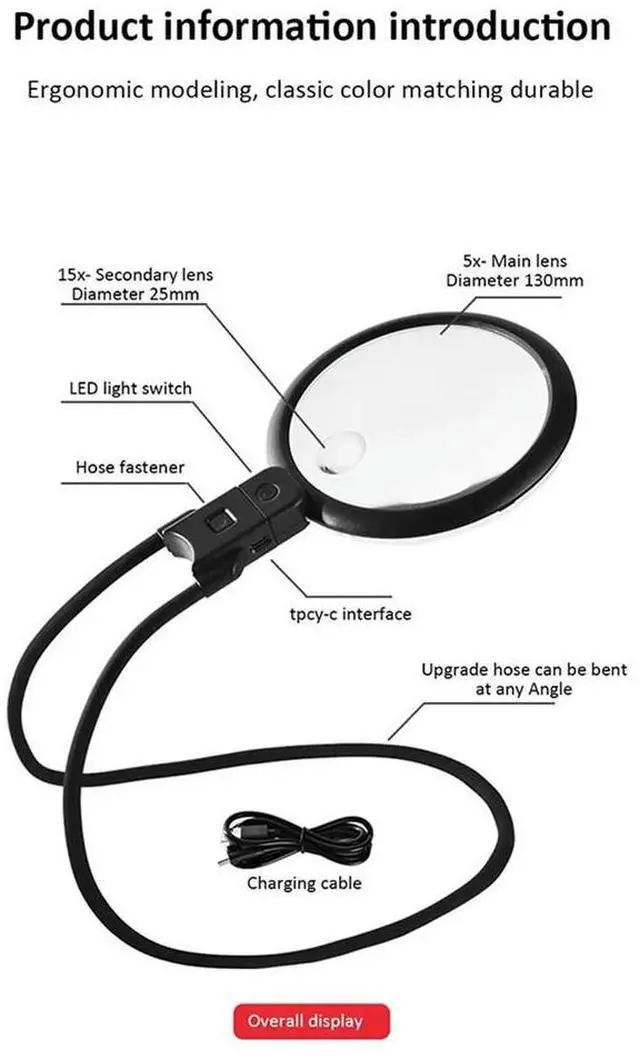 Main image of Hands Free Magnifying Glass 36 LED Lights,5X 15X Rechargeable Neck Wear Magnifier for Seniors Reading Sewing Jewelry