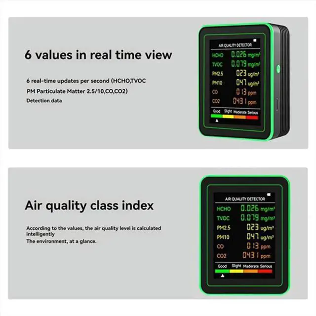 Main image of 6-in-1 Indoor Air Monitor HCHO TVOC CO 2 CO PM10 PM2.5 Meter Gases Detecting ligent White
